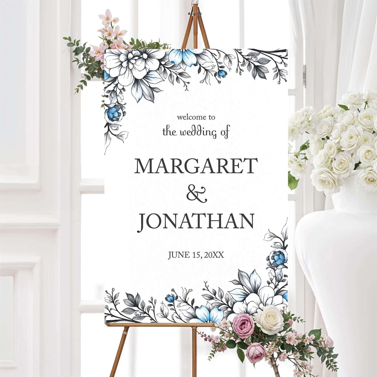 Make a stunning first impression with this printed wedding welcome sign, featuring hand-drawn blue floral accents and an elegant design. Printed on durable foam board, this custom wedding sign is available in multiple sizes to fit entryways, reception areas, or ceremony locations. Ideal for formal, gothic, vintage, or modern wedding themes, it beautifully complements the Summer Azure wedding invitation suite.