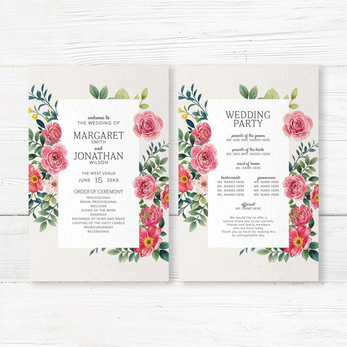Elegant program with a floral design featuring pink and red roses, green leaves, and delicate typography. The text is framed within a white rectangle, providing event details in a classic serif font. A timeless design perfect for any event.