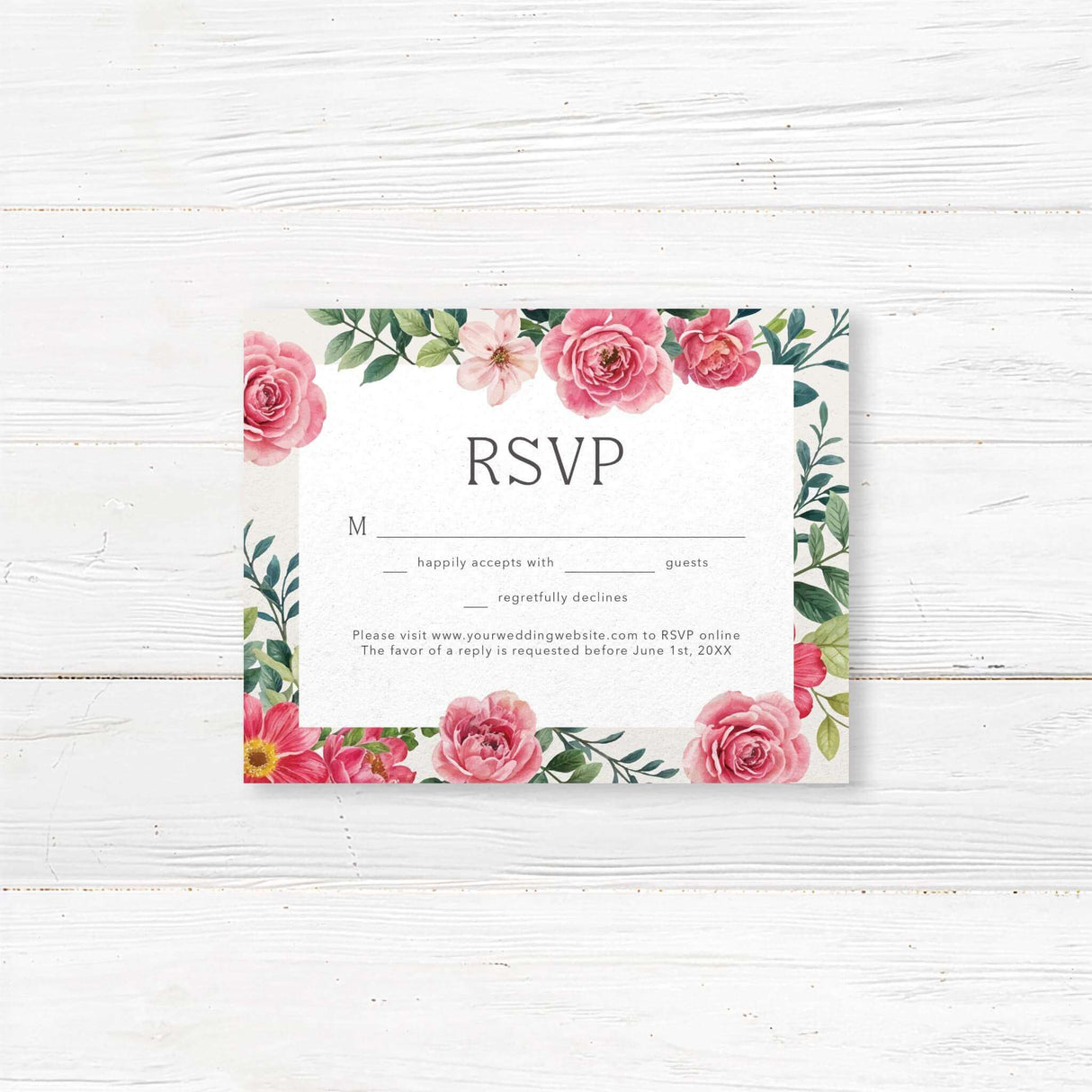 Elegant rsvp with a floral design featuring pink and red roses, green leaves, and delicate typography. The text is framed within a white rectangle, script in a classic serif font. A romantic and timeless design perfect for wedding celebrations.