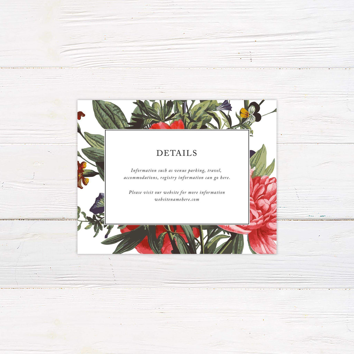 Detail card with garden floral accents and space for location, dress code, or schedule, matching the Summer Bouquet invitation suite.