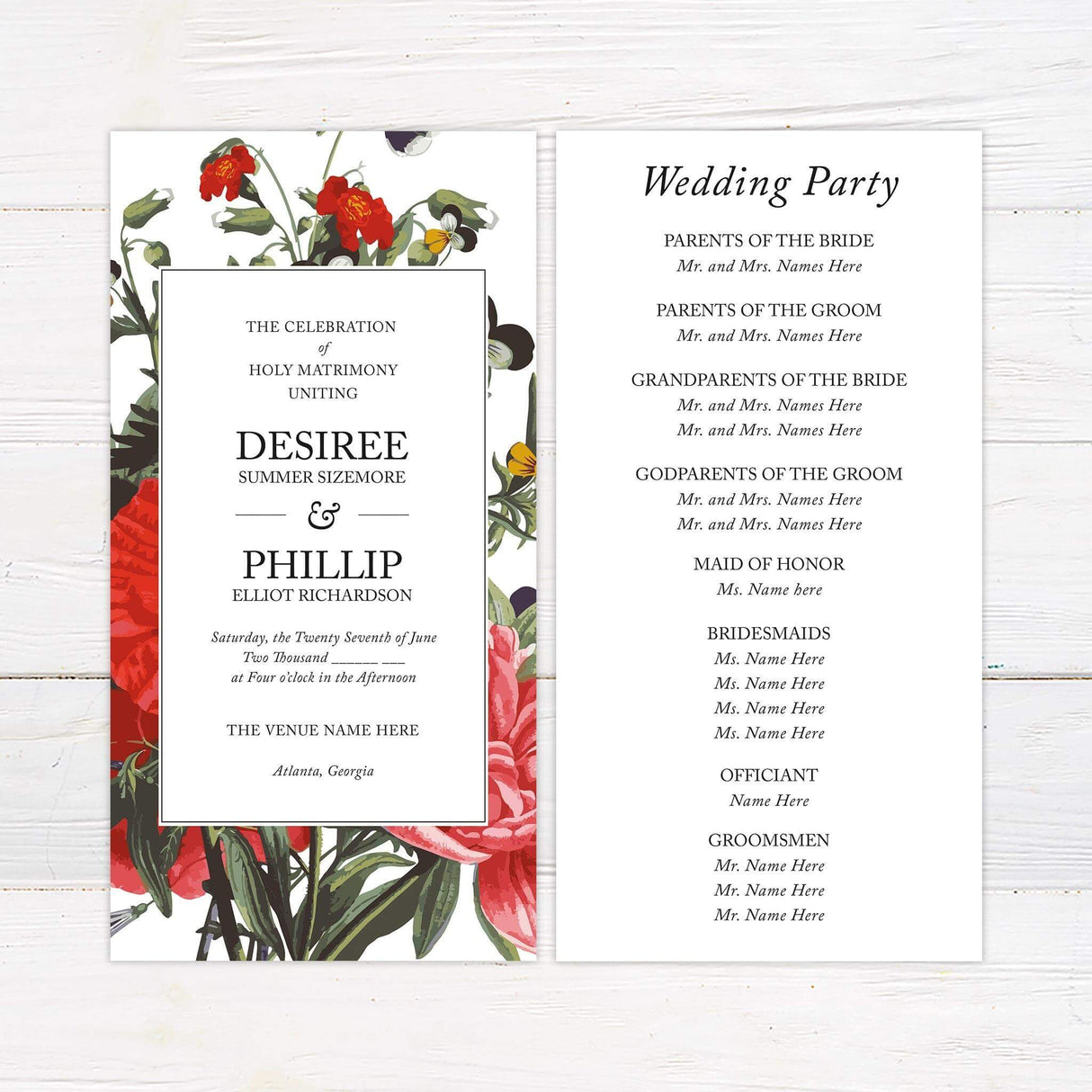 Wedding program featuring matching bold florals and elegant fonts, designed to guide guests through the ceremony.