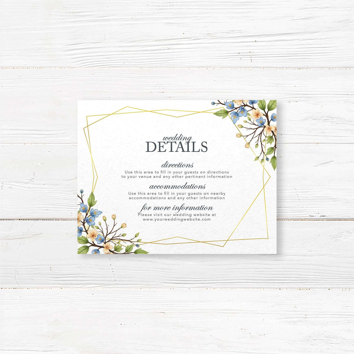 Wedding details card featuring a refined watercolor floral border with blue and yellow blooms. Designed to provide guests with essential venue, accommodation, and event information in a stylish and cohesive way.