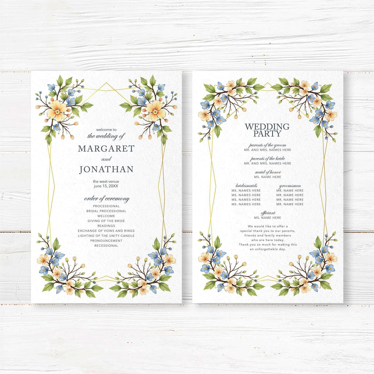 Floral wedding program featuring an elegant blue and yellow watercolor floral border. The organized layout includes space for ceremony details, wedding party names, and special notes, creating a classic and sophisticated addition to any event.