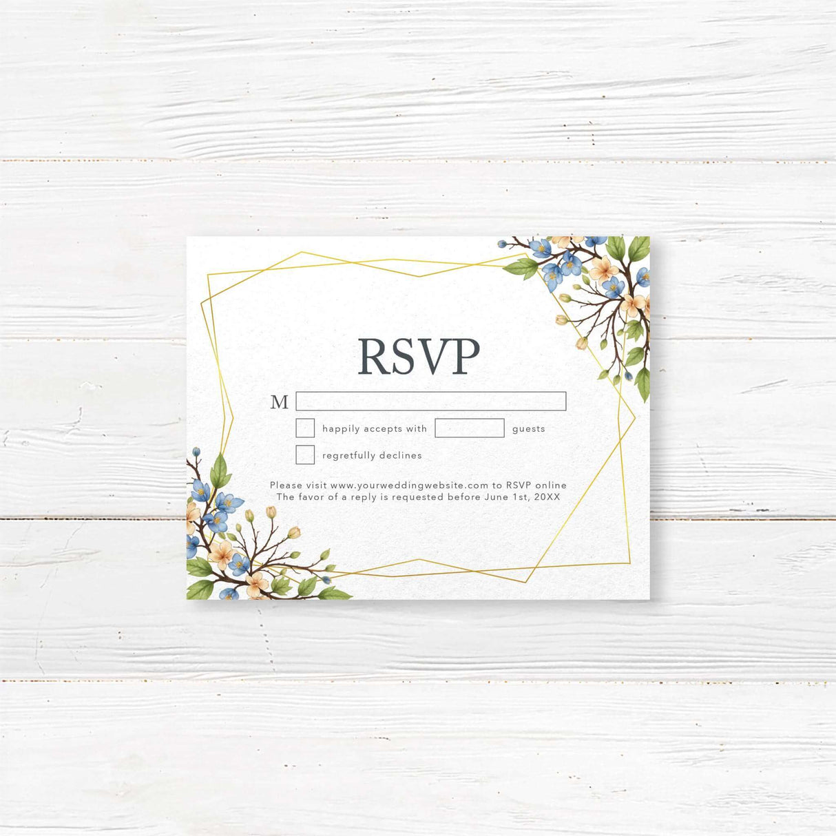 Beautiful RSVP card with a matching watercolor floral border of blue and yellow flowers. A clean and elegant layout makes it easy for guests to respond while complementing a botanical or nature-inspired wedding theme.