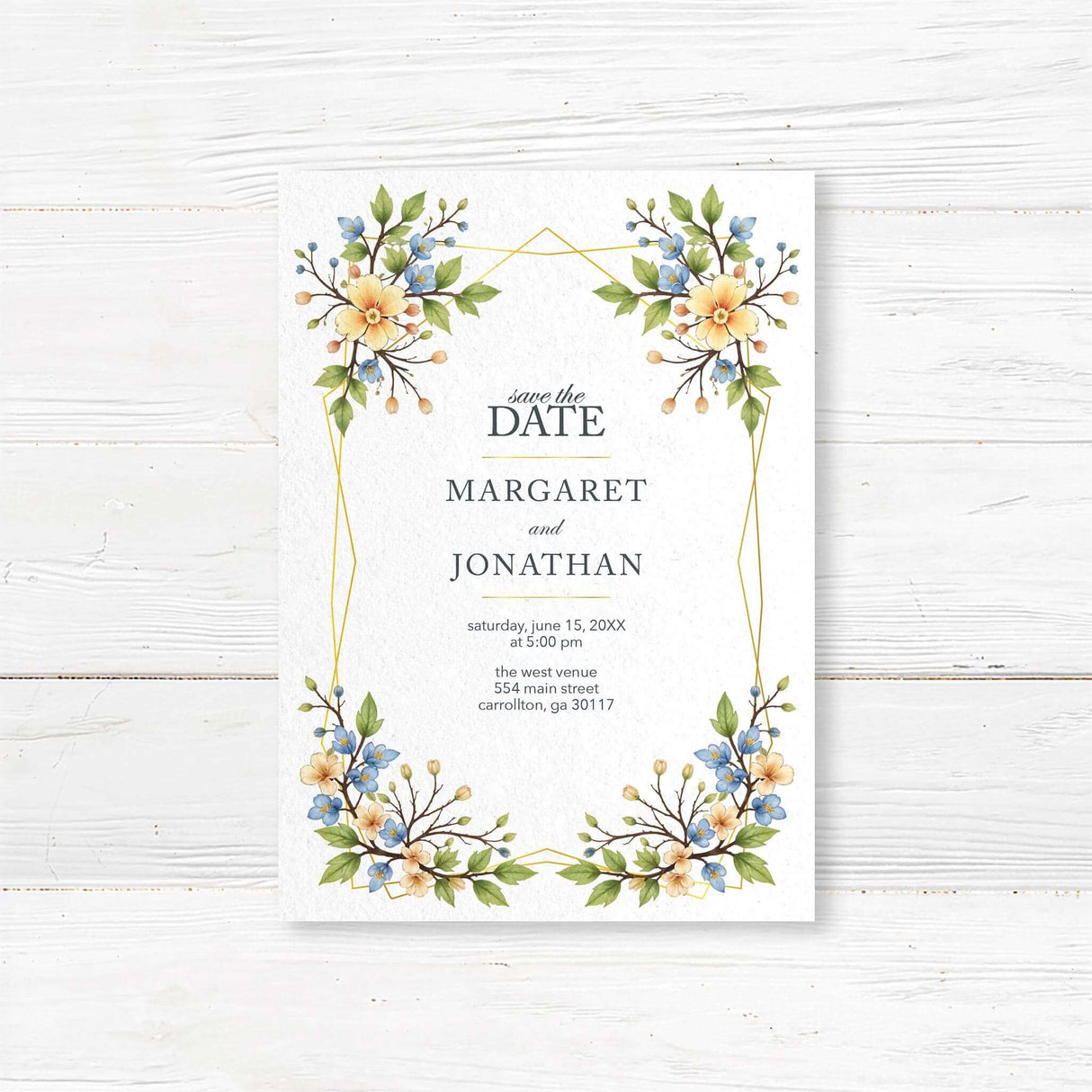 Beautiful Save the Date card featuring a refined watercolor floral border with blue and yellow flowers and a modern gold geometric frame. A stylish and romantic way to announce your wedding day.
