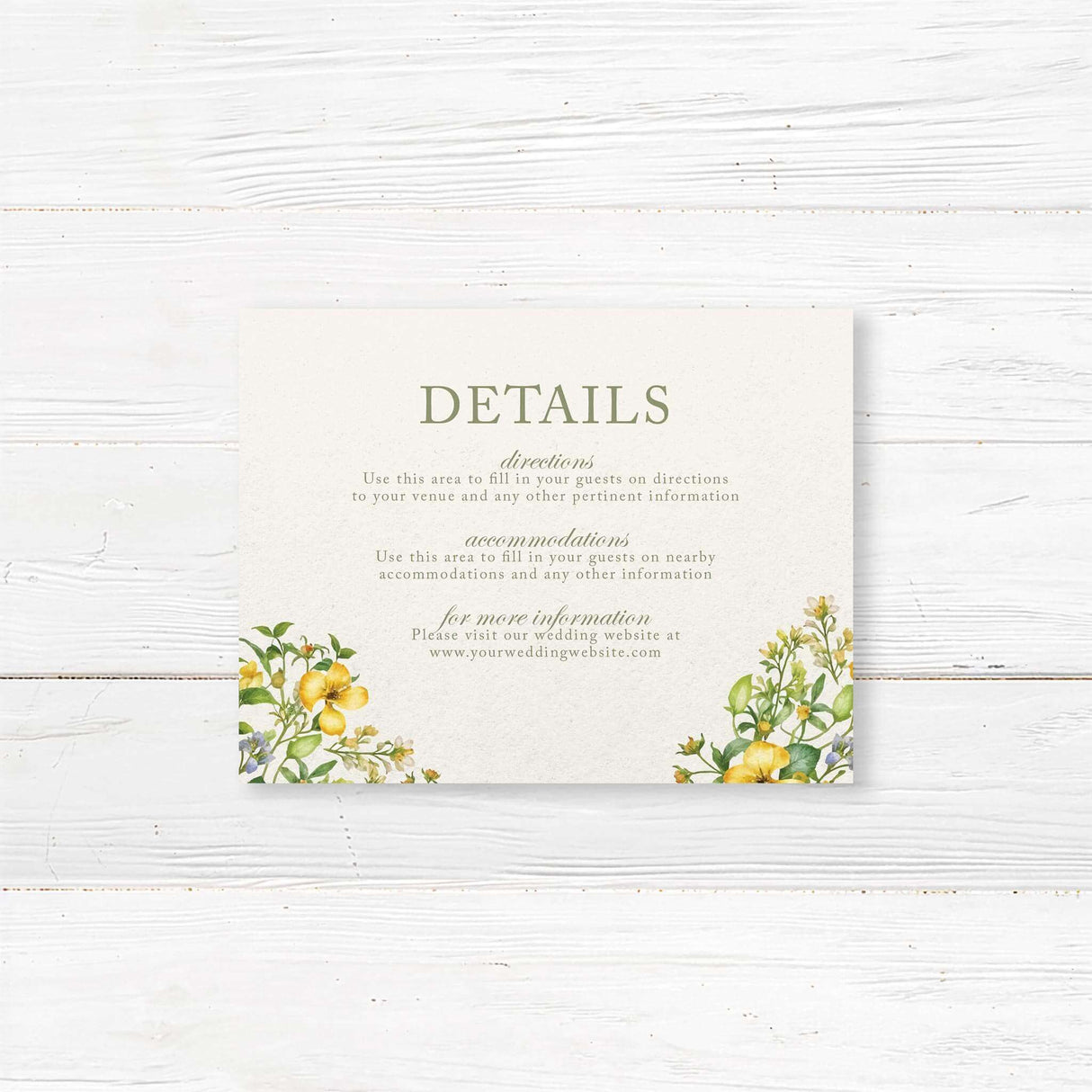 Elegant details card with a floral design featuring yellow and white flowers intertwined with green leaves. The text is in a sophisticated serif font complementing the romantic botanical theme.