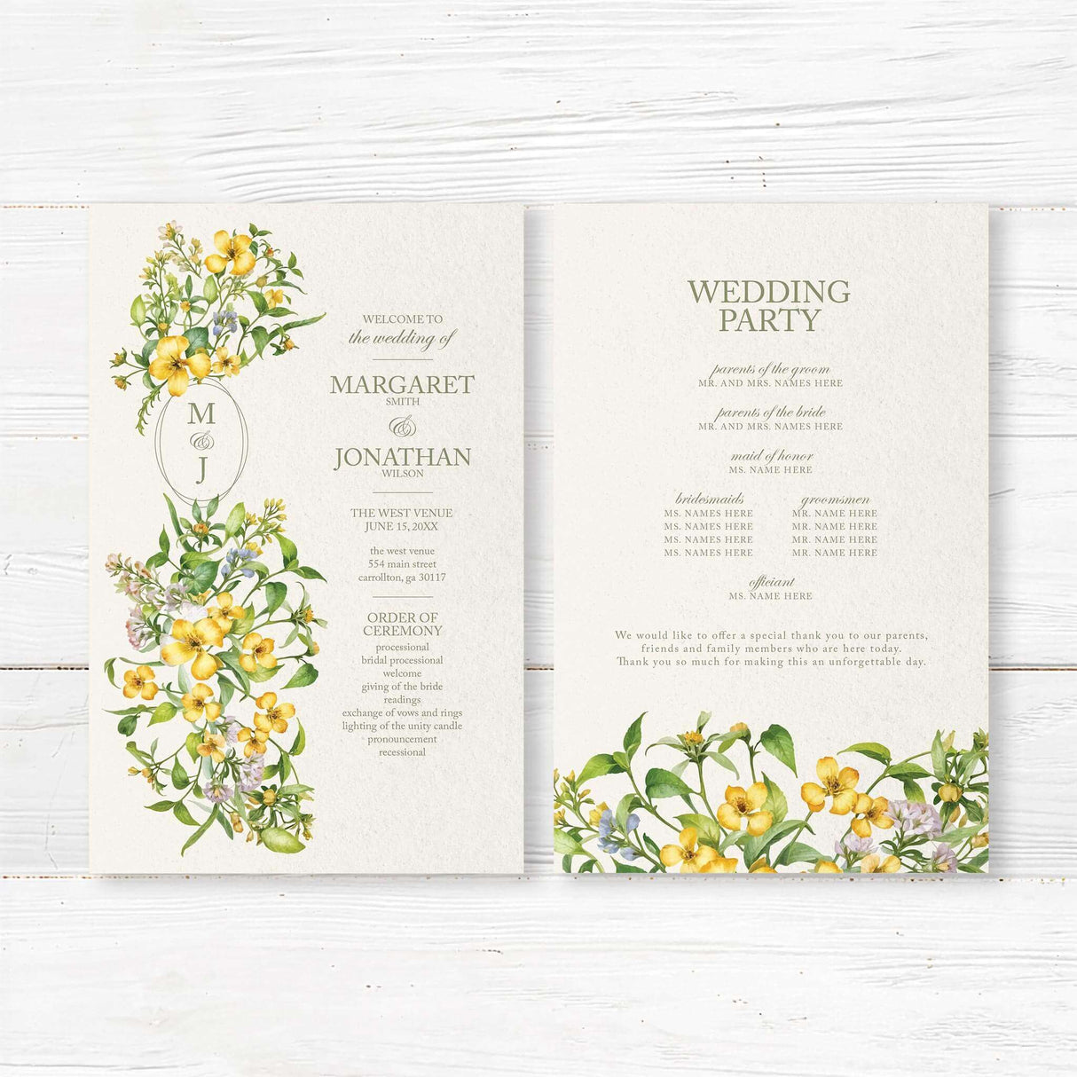 Elegant program with a floral design featuring yellow and white flowers intertwined with green leaves. The text is in a sophisticated serif font, displaying the program of events. A delicate monogram with initials is placed within an oval frame, complementing the romantic botanical theme. A heartfelt not is included on the backside.