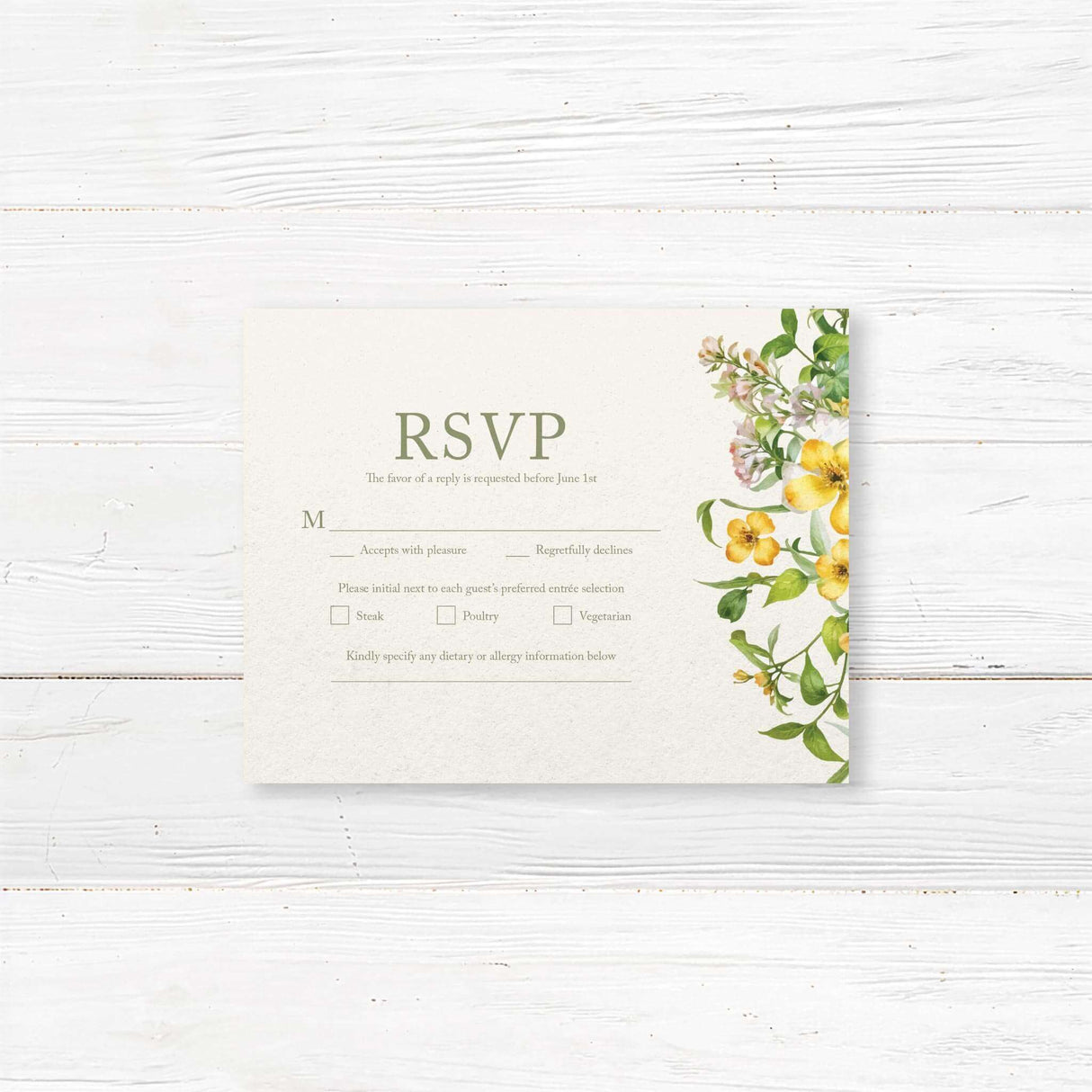 Elegant rsvp with a floral design featuring yellow and white flowers intertwined with green leaves. The text is in a sophisticated serif font, complementing the romantic botanical theme. Reception details are included at the bottom.