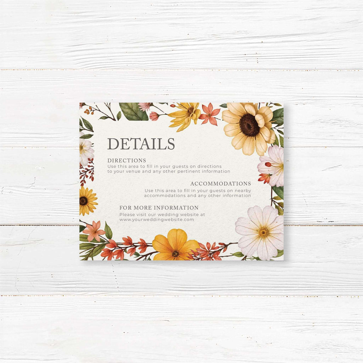 "Elegant detail card with a watercolor-style floral border featuring sunflowers, daisies, and wildflowers in warm shades of yellow, orange, and white. The design has a soft, natural aesthetic with delicate typography centered within the floral frame, creating a romantic and timeless look.