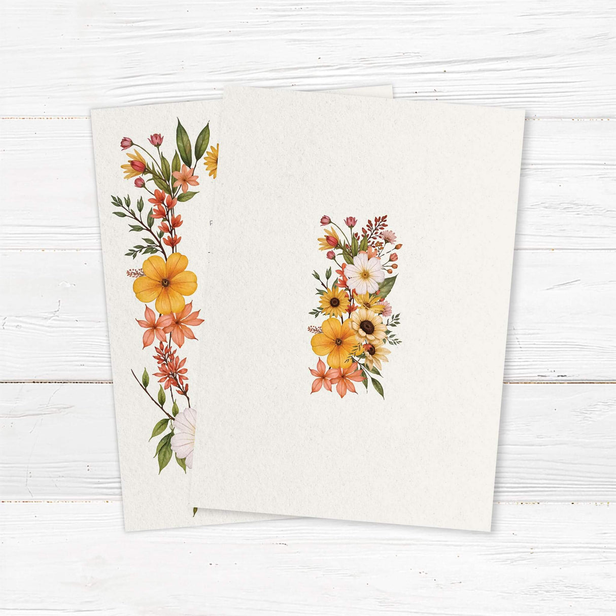Elegant wedding invitation with a watercolor-style floral border featuring sunflowers, daisies, and wildflowers in warm shades of yellow, orange, and white. The design has a soft, natural aesthetic with delicate typography centered within the floral frame, creating a romantic and timeless look. Back.