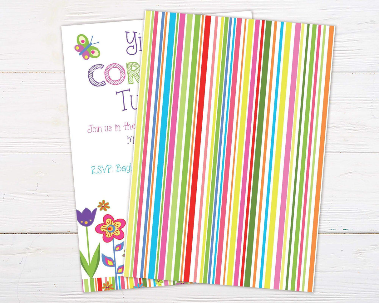 Colorful birthday invitation with playful fonts, bright flowers, butterflies, and striped accents, celebrating a third birthday with a fun outdoor theme. Back,