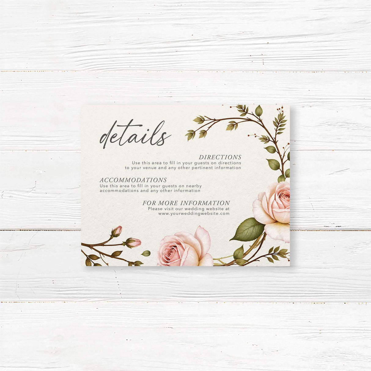 Wedding details card featuring a soft watercolor floral motif with blush pink roses and greenery. Designed to provide guests with essential venue, accommodation, and event information in a sophisticated and stylish way.