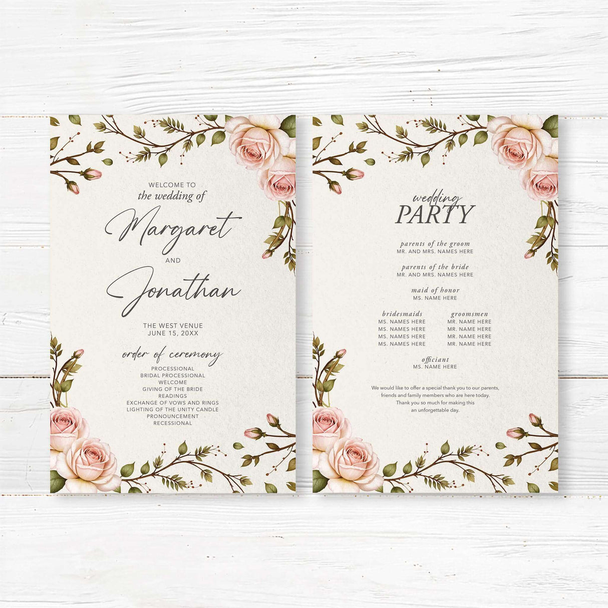 Floral wedding program featuring an elegant blush pink rose design. The organized layout allows space for ceremony details, wedding party names, and special notes, creating a timeless addition to any classic or garden wedding.