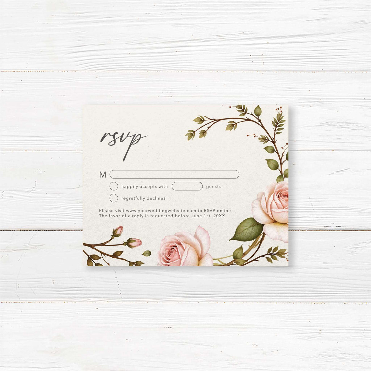 Beautiful RSVP card with a matching blush pink rose and greenery design. A clean and elegant layout allows guests to respond with ease, complementing a floral or timeless wedding theme.
