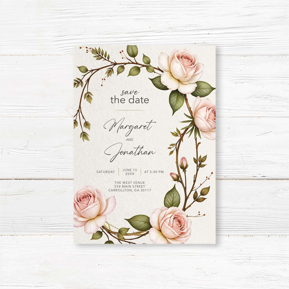 Beautiful Save the Date card featuring a soft watercolor blush pink rose design. The classic layout and floral elements create a romantic and sophisticated way to announce your wedding day.