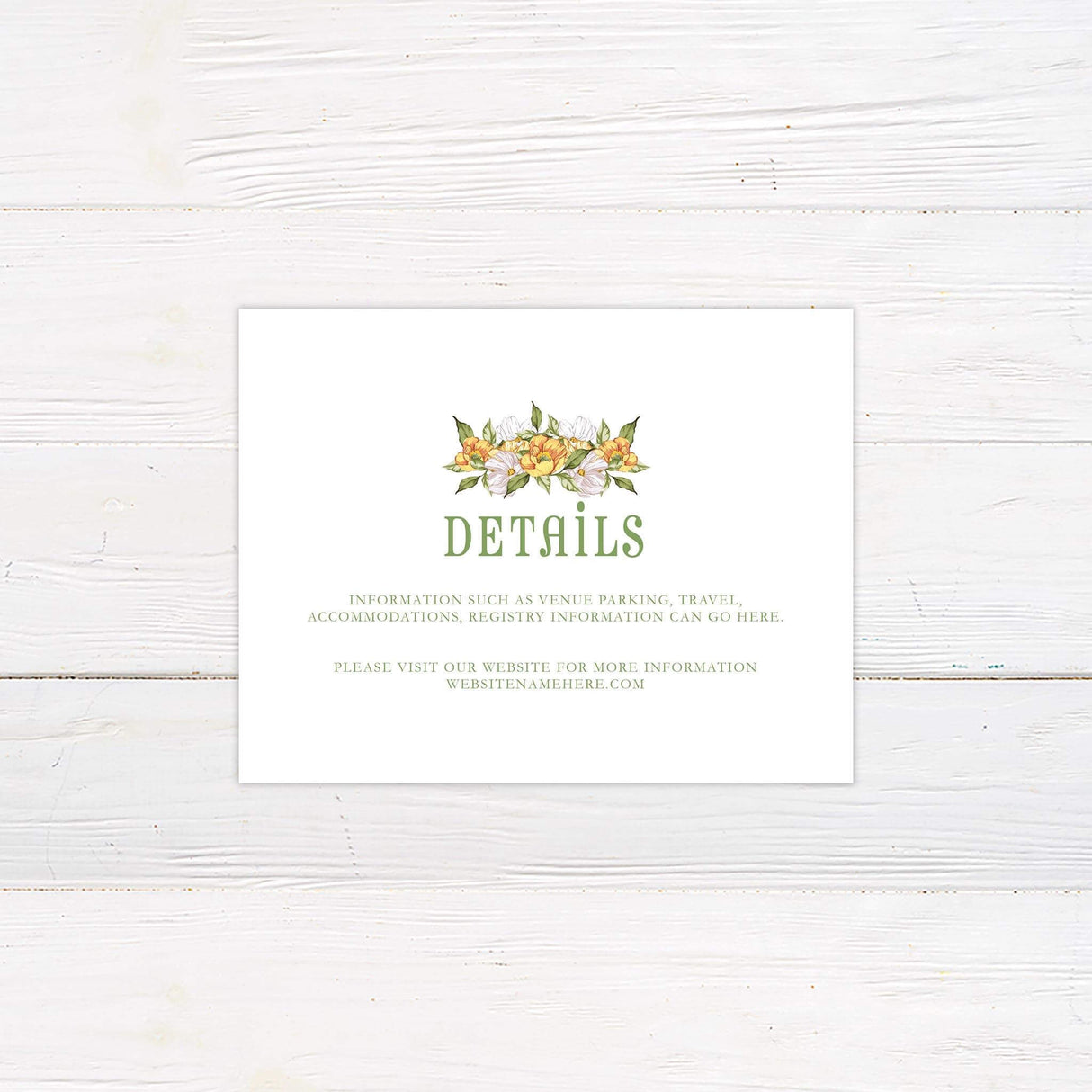 Wedding detail card featuring coordinating florals and greenery, perfect for sharing location, accommodation, or event details.