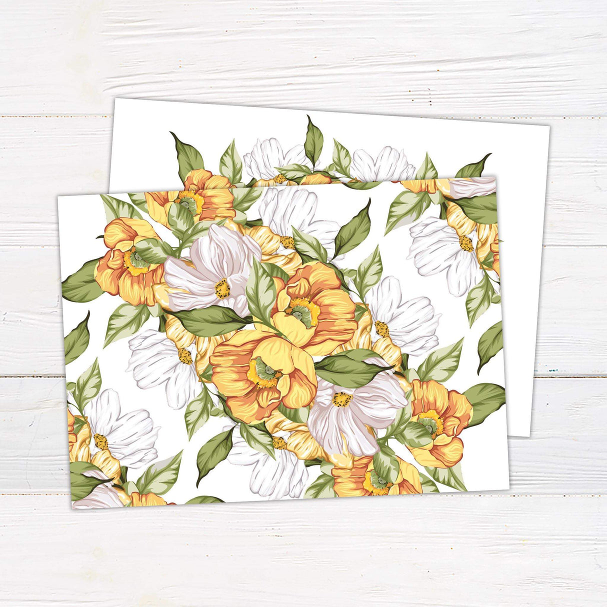 Wedding invitation featuring yellow and white summer florals with lush greenery and elegant serif and script fonts on a white background.- back side