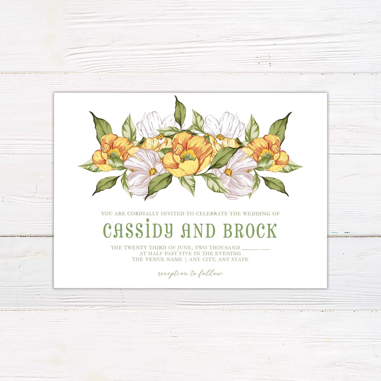 Wedding invitation featuring yellow and white summer florals with lush greenery and elegant serif and script fonts on a white background.