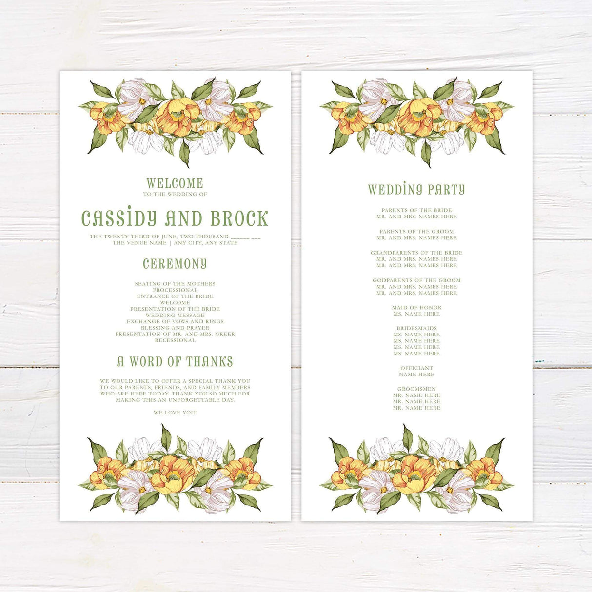 Printed wedding program with yellow and white floral header and elegant layout to guide guests through your ceremony.