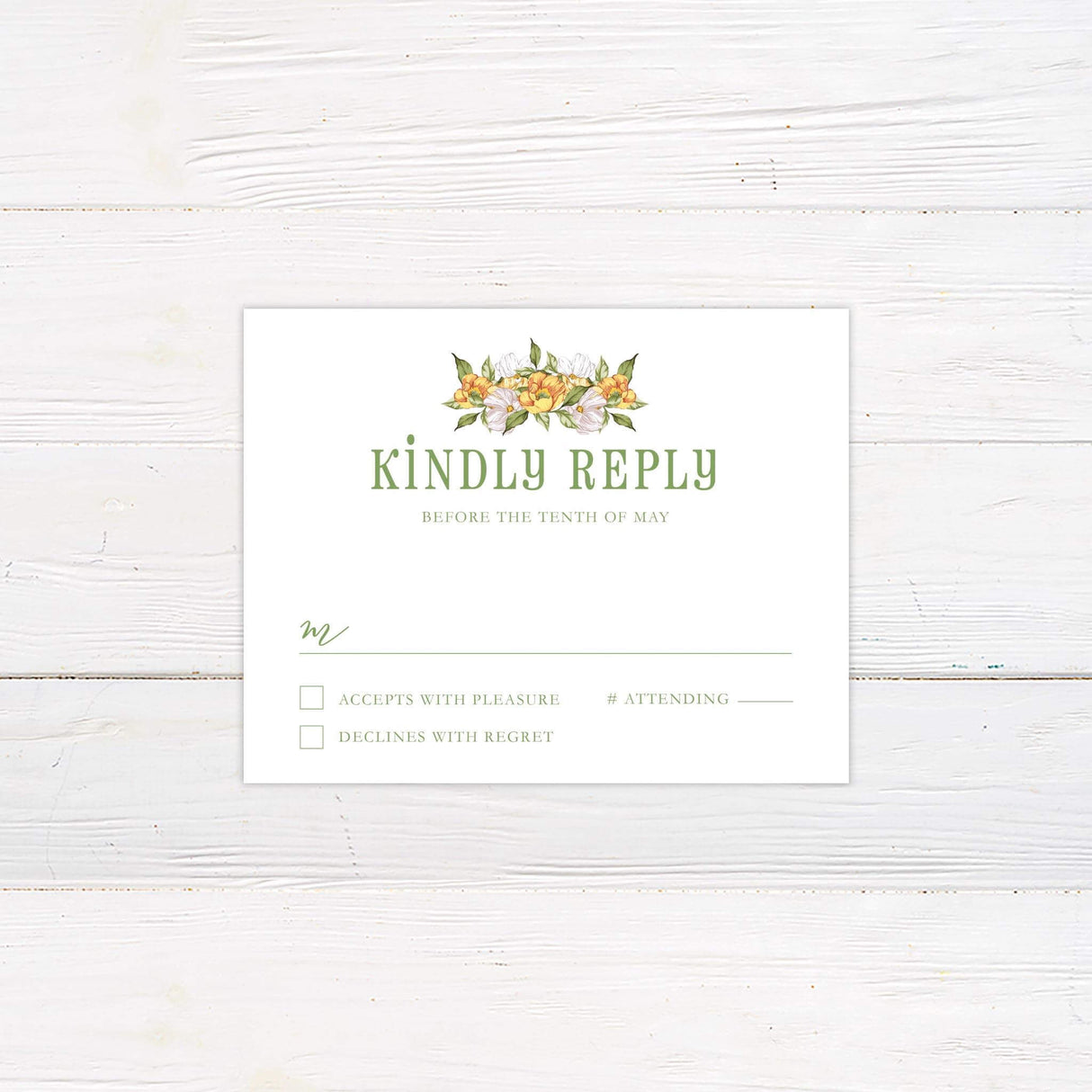 RSVP card with matching yellow and white floral arrangement and classic serif fonts, part of the Summer Harvest suite.