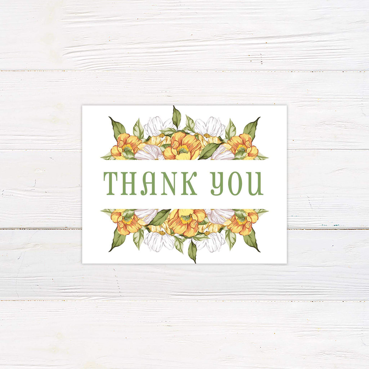 Thank you card with summer florals and soft script message, coordinated to match the Summer Harvest invitation suite.