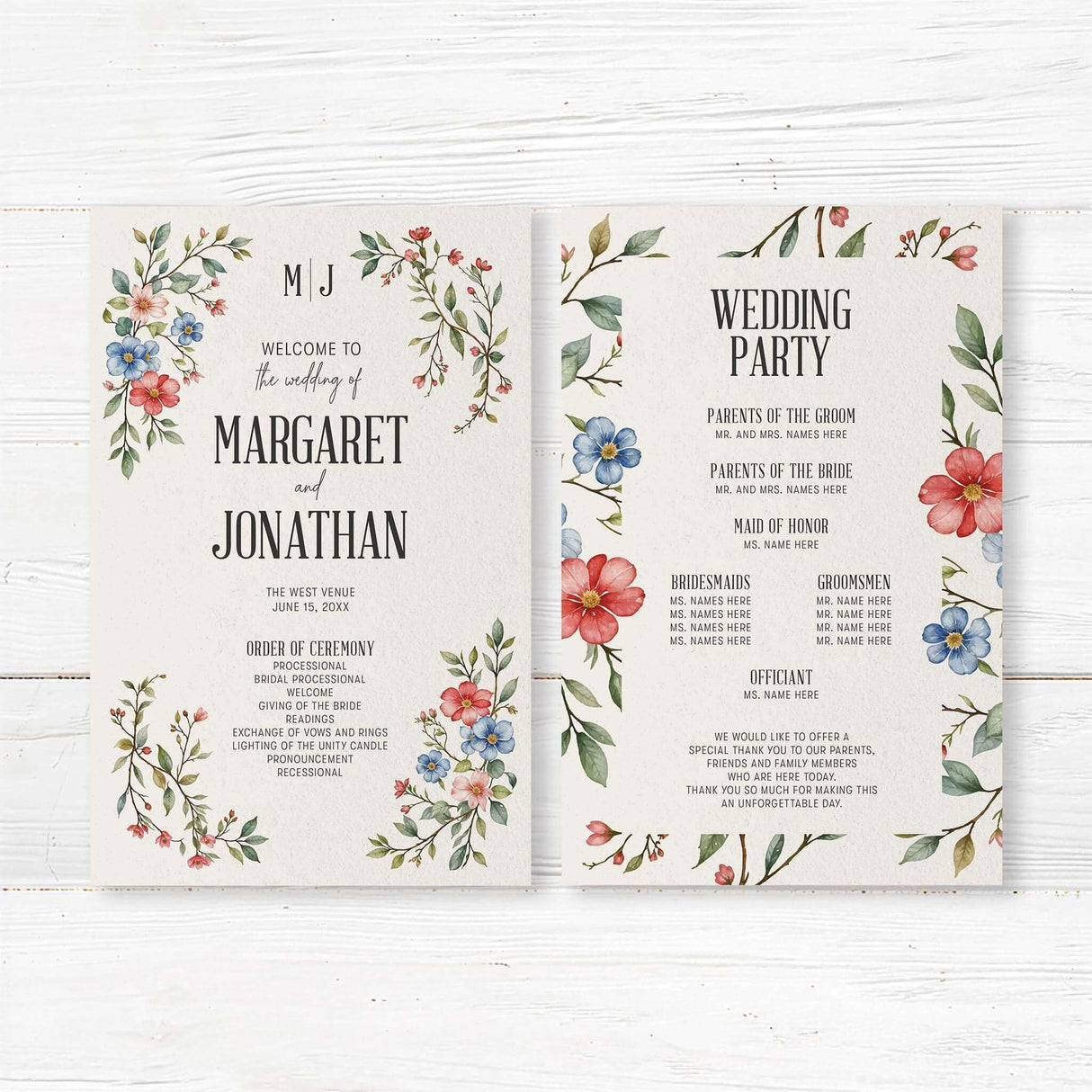 Elegant wedding program card featuring a delicate watercolor floral design with red, blue, and pink flowers intertwined with green leaves. The layout is balanced with soft botanical elements framing the text, creating a romantic and timeless aesthetic, perfect for guiding guests through the ceremony.