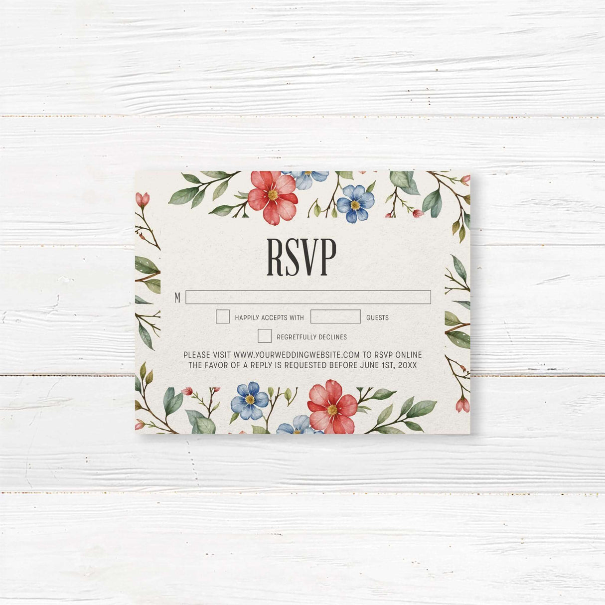 Elegant rsvp featuring a delicate watercolor floral design with red, blue, and pink flowers intertwined with green leaves. The layout is balanced with soft botanical elements framing the text, creating a romantic and timeless aesthetic