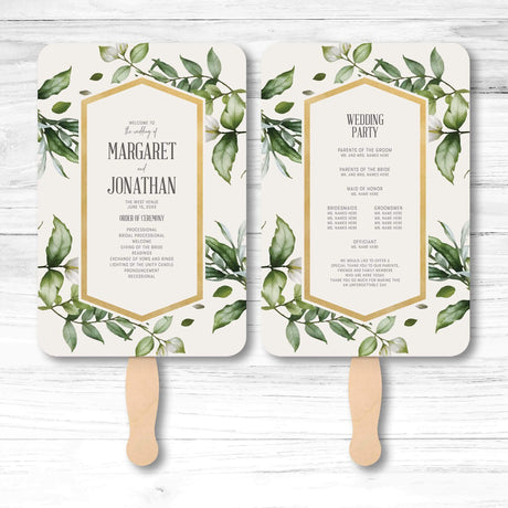 Botanical greenery wedding program fan with vine illustration, wooden handle, and double-sided layout for ceremony details and wedding party info