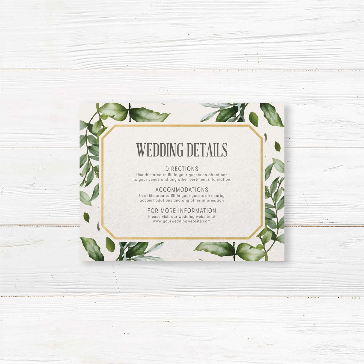 An informative and stylish wedding details card featuring minimalist serif fonts, delicate watercolor foliage, and soft neutral tones. Printed on high-quality paper, this customizable details insert provides essential info such as accommodation details, dress code, timeline, and registry links. A perfect addition to any modern, botanical, rustic, or formal wedding invitation suite.