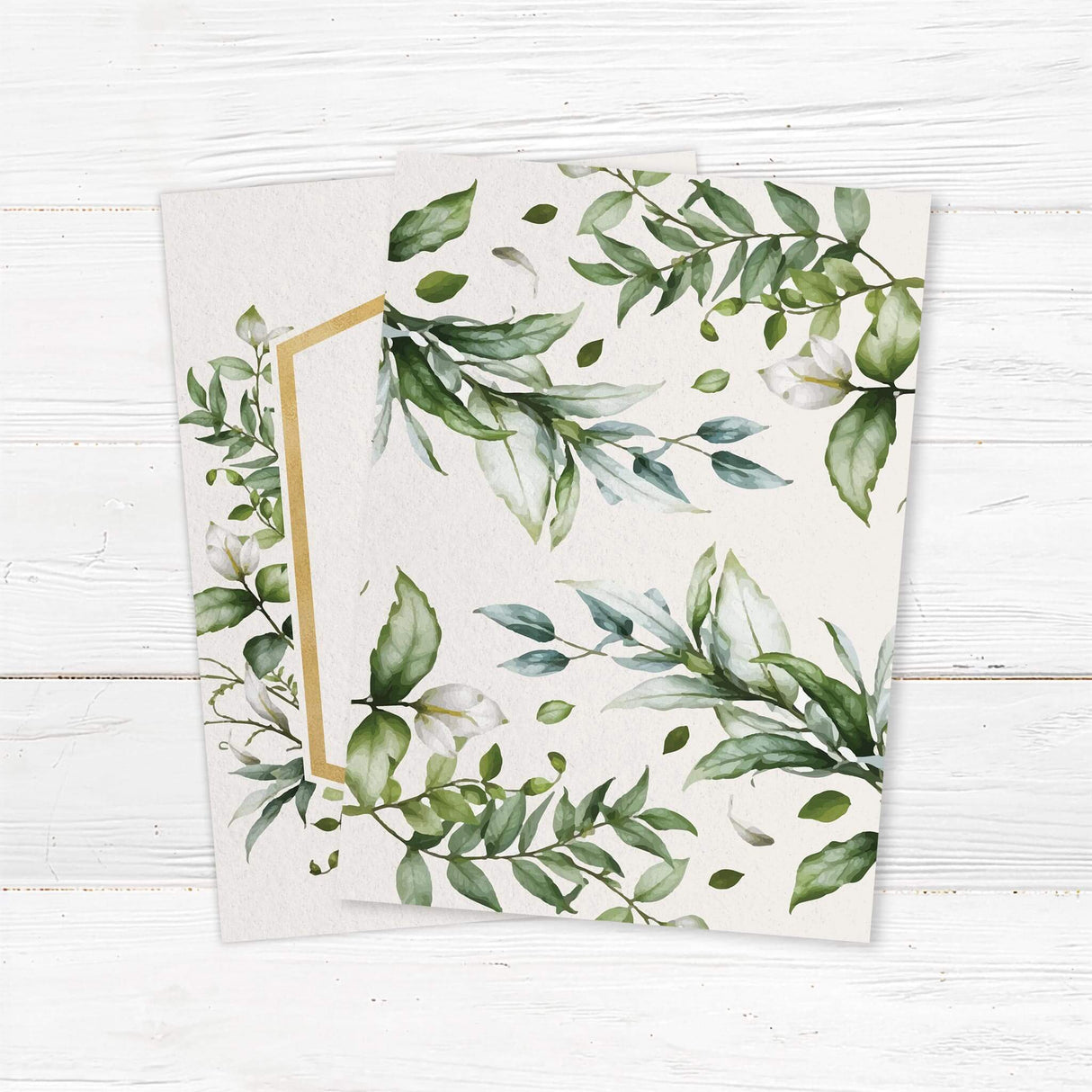A stunning botanical wedding invitation featuring elegant watercolor eucalyptus leaves, soft florals, and gold geometric accents. Printed on premium cardstock, this custom wedding invite is ideal for rustic, bohemian, modern, and classic weddings. Personalize with your names, wedding date, venue details, and RSVP info to create a timeless first impression for your guests. back