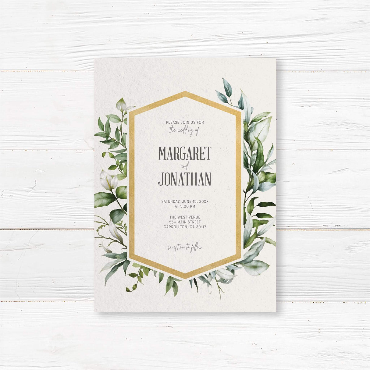 A stunning botanical wedding invitation featuring elegant watercolor eucalyptus leaves, soft florals, and gold geometric accents. Printed on premium cardstock, this custom wedding invite is ideal for rustic, bohemian, modern, and classic weddings. Personalize with your names, wedding date, venue details, and RSVP info to create a timeless first impression for your guests.