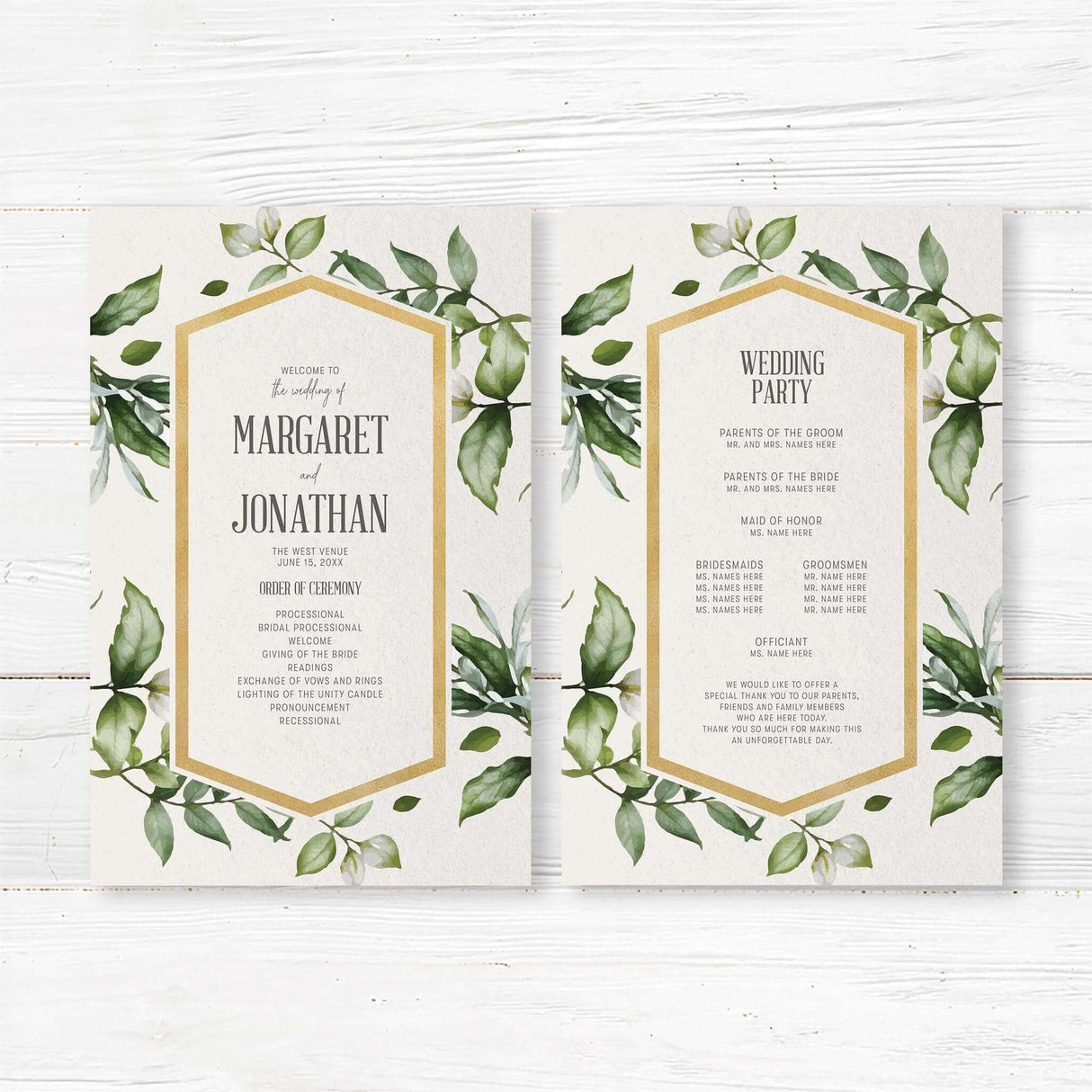 A refined and elegant wedding ceremony program designed with hand-illustrated botanical details, muted floral elements, and modern serif typography. Printed on matte or linen-textured paper, this customizable wedding program outlines the order of service, wedding party members, and thank-you message. A timeless keepsake for guests attending your garden, barn, vineyard, or classic wedding.