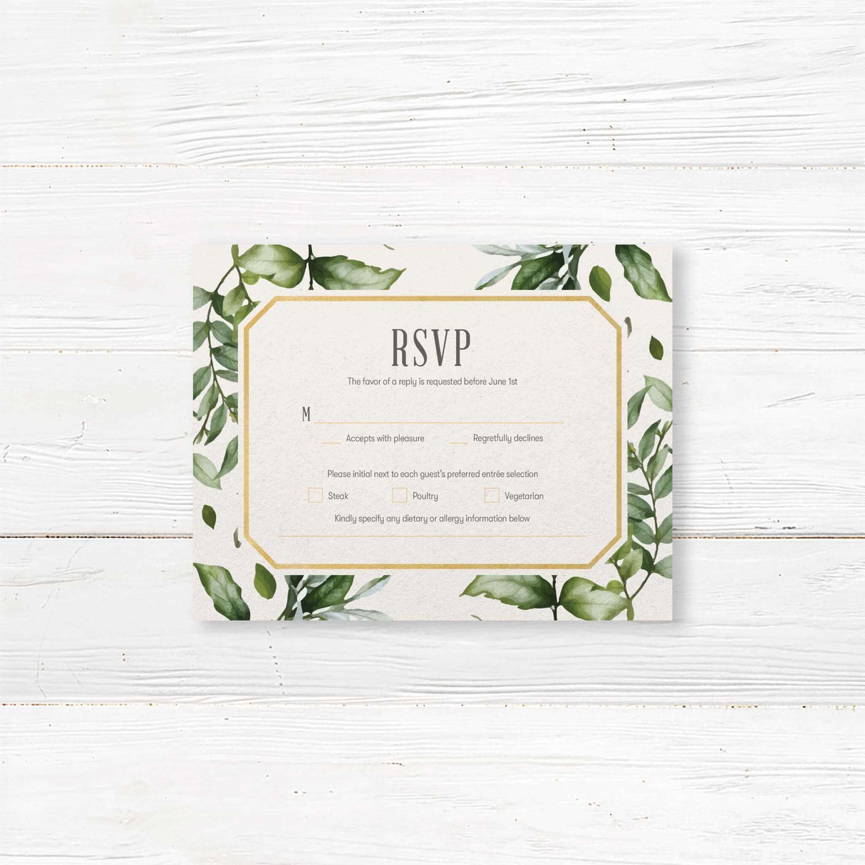 A chic watercolor RSVP card with hand-painted floral greenery and modern calligraphy script, perfect for elegant, boho, and traditional weddings. Printed on luxurious thick cardstock, this wedding reply card includes space for guest attendance confirmation, meal preferences, and special requests. A beautiful and practical stationery piece to complement your wedding invitation suite.