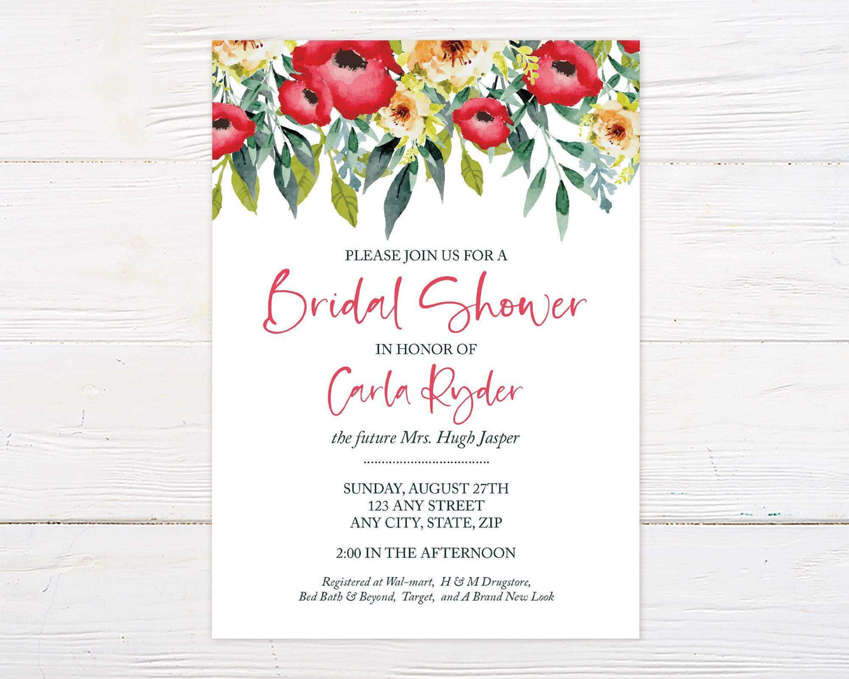 A summer poppies bridal shower invitation with red poppy flowers and green leaves. The design features watercolor florals at the top with elegant text below.