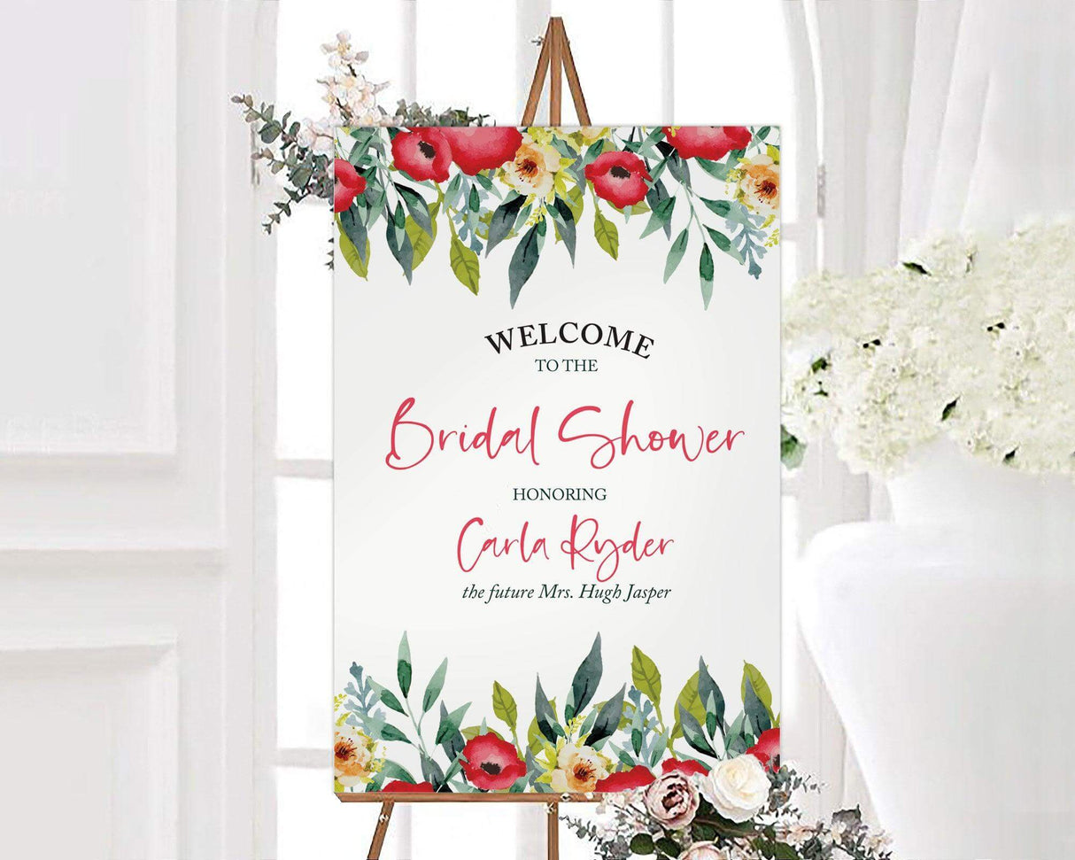 A summer poppies bridal shower sign with red poppy flowers and green leaves. The design features watercolor florals at the top and bottom with elegant text in the center.