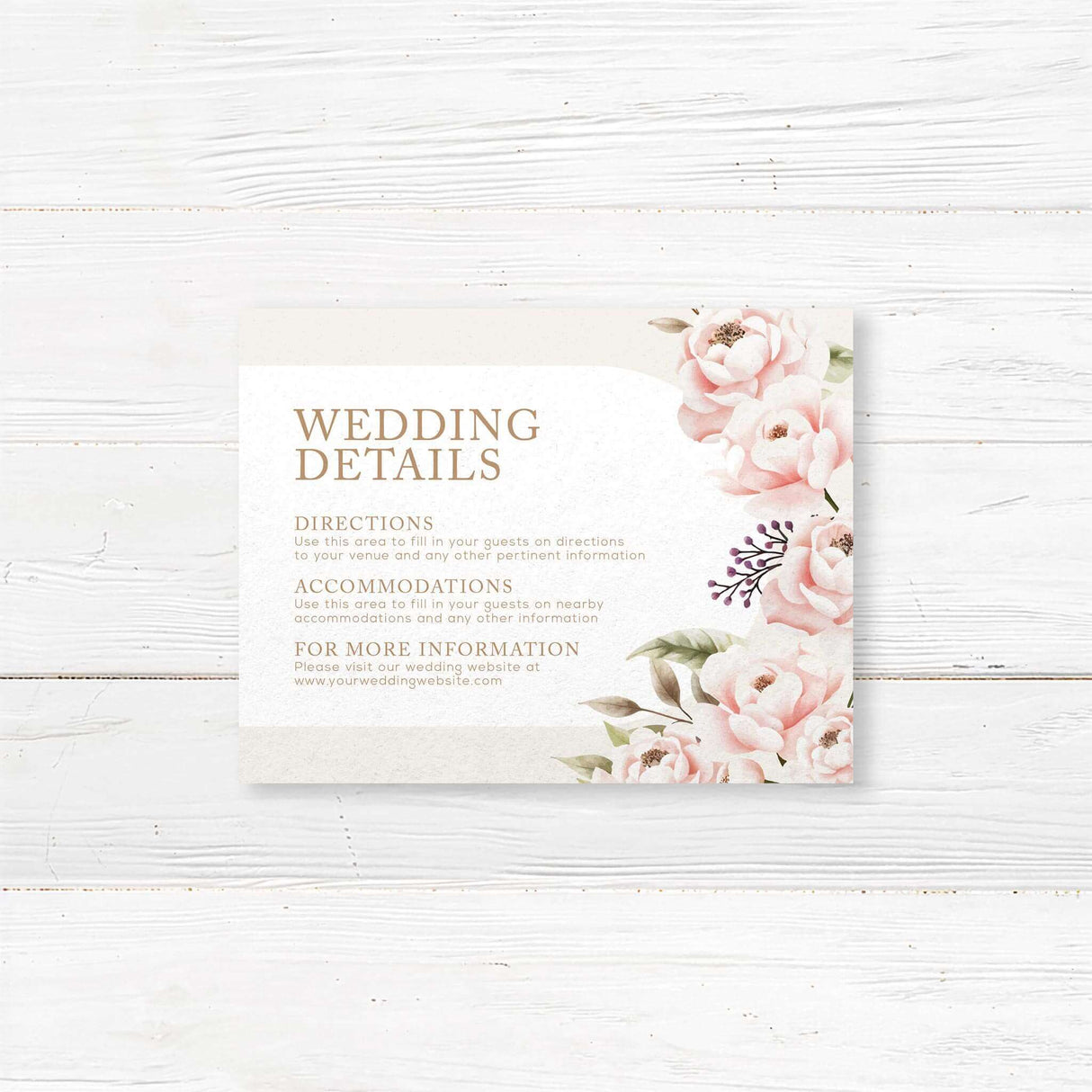 Elegant wedding details card with blush peonies and soft greenery. Perfect for sharing reception, accommodations, and venue details. Printed on luxury cardstock.
