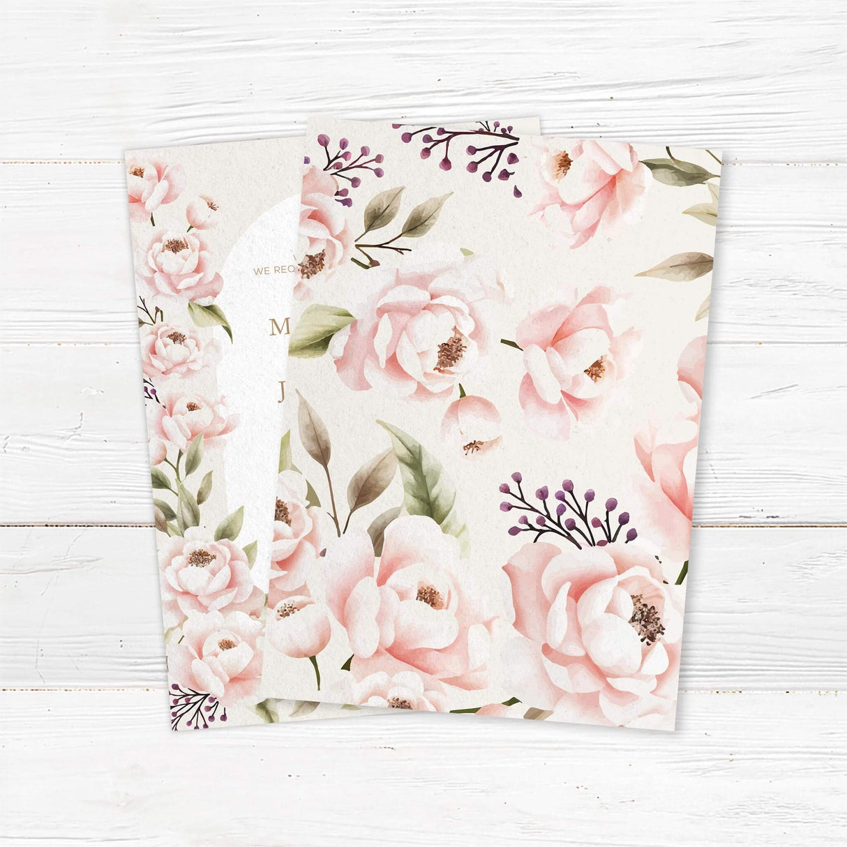 Blush floral wedding invitation with soft watercolor peonies and gold accents. Printed on premium textured cardstock, perfect for elegant and classic wedding themes. back