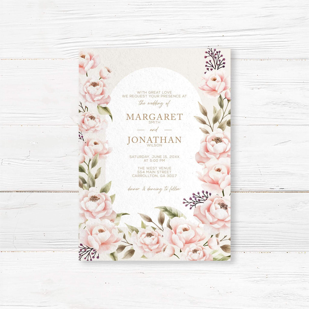 Blush floral wedding invitation with soft watercolor peonies and gold accents. Printed on premium textured cardstock, perfect for elegant and classic wedding themes.