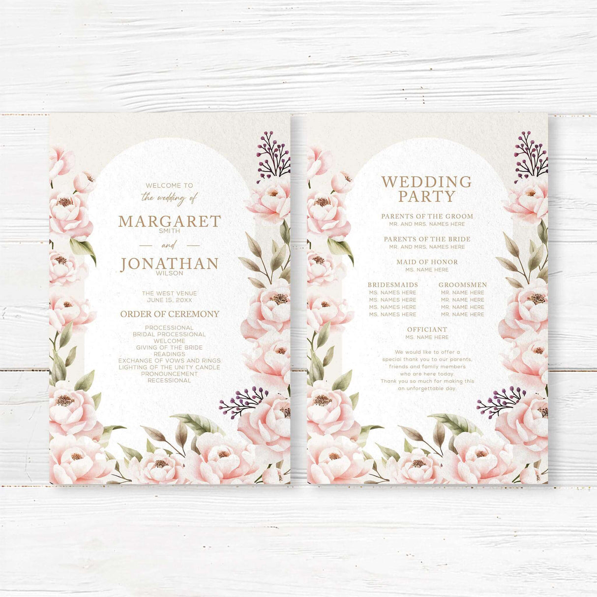 Romantic floral wedding program featuring blush watercolor peonies and soft gold details. Printed on premium cardstock for vintage, classic, and elegant weddings.