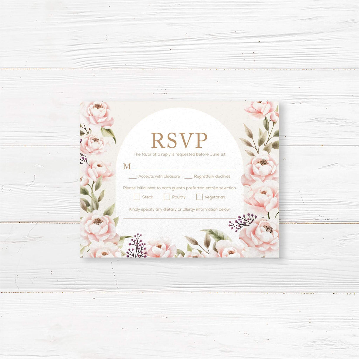 Floral RSVP card with blush peonies and a gold-accented border. Customizable with guest responses and meal selections. Printed on high-quality textured cardstock.