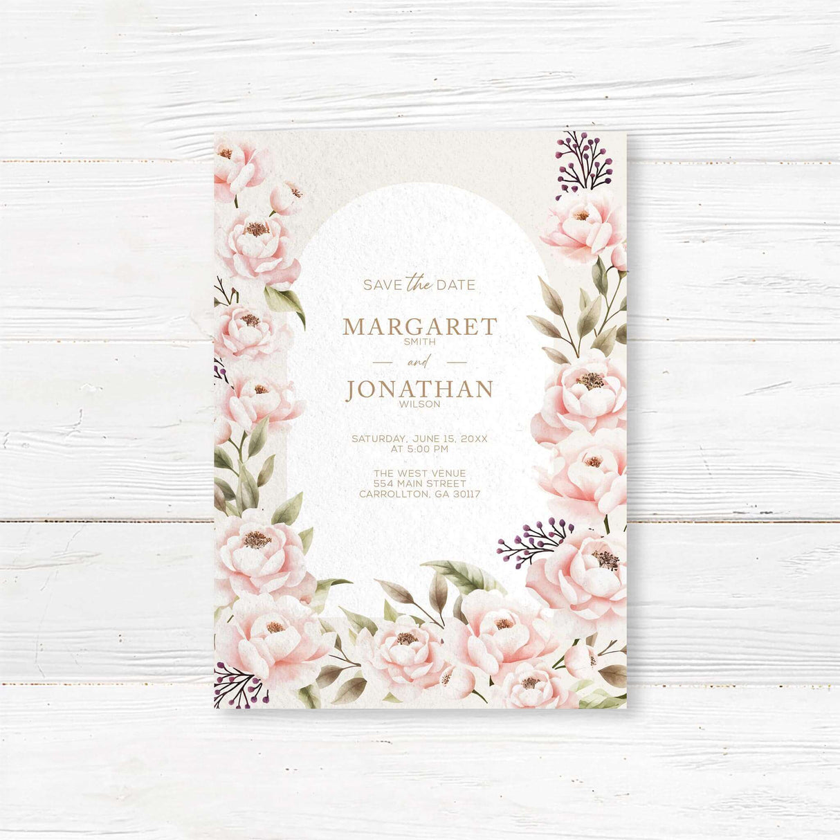 Elegant floral save the date card featuring delicate watercolor roses, peonies, and a gold-accented border. Personalized with wedding details. Printed on high-quality cardstock with optional envelopes. Perfect for classic, botanical, and vintage wedding themes.