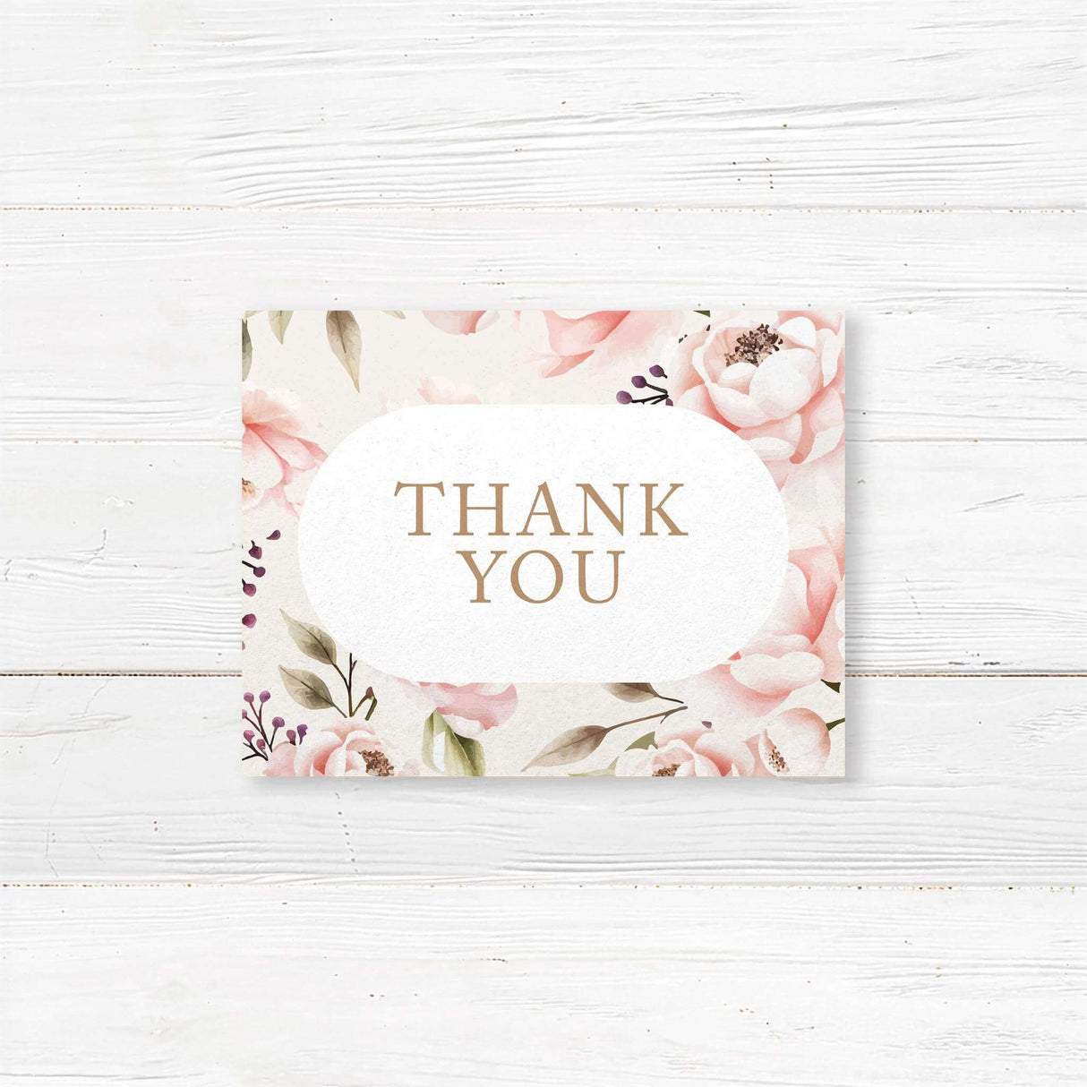 Beautiful blush floral wedding thank you card featuring soft watercolor peonies. Printed on premium textured cardstock with optional envelopes for a refined touch