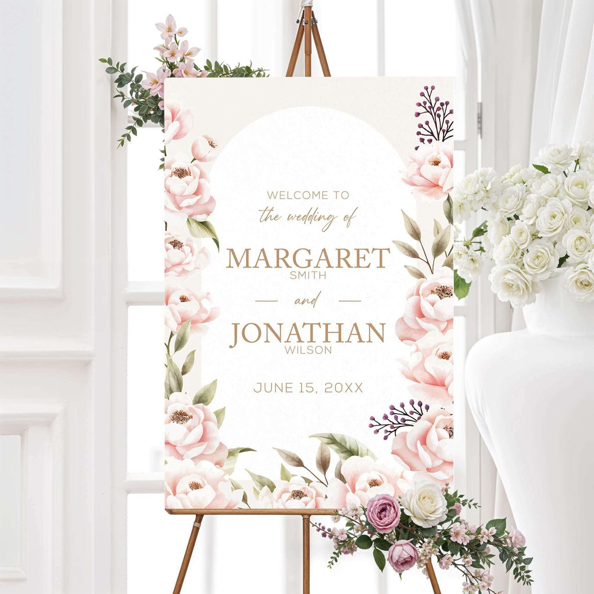 Floral wedding welcome sign with soft blush peonies and elegant gold details. Printed on durable foam core or poster board, perfect for classic and botanical weddings.