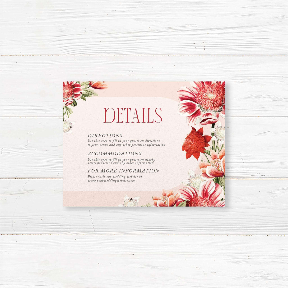 Wedding detail card with soft red and peach watercolor florals and clean serif font layout. Perfect for accommodations, directions, or travel info.