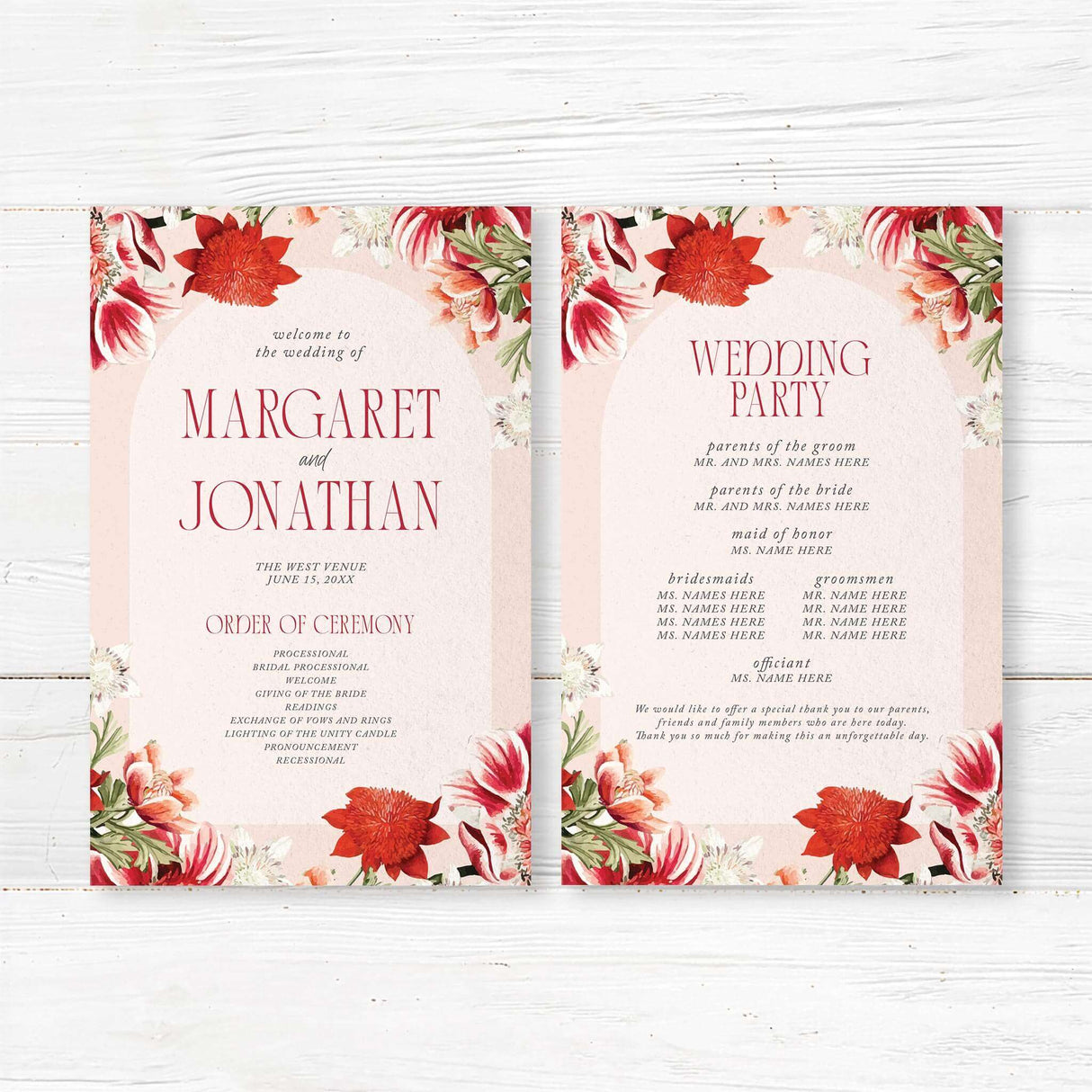 Wedding ceremony program printed with red and coral florals and serif script fonts. Includes ceremony timeline and bridal party list. Coordinated with Summer Warmth suite.
