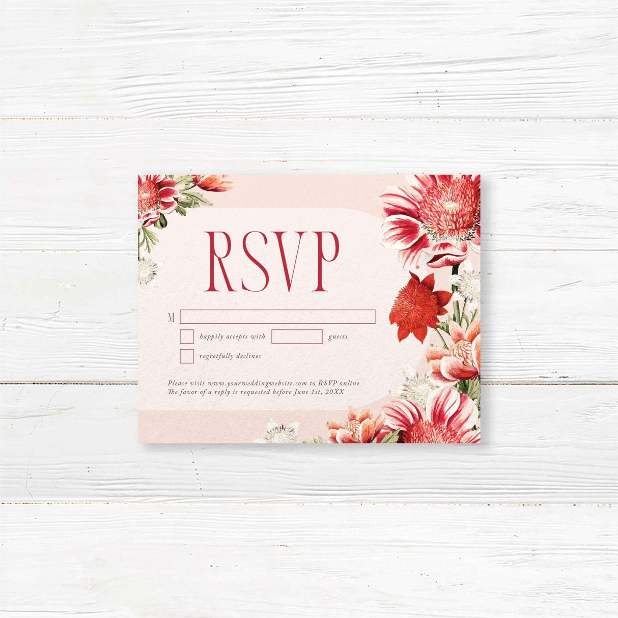 Wedding RSVP card featuring coordinating red and coral watercolor floral accents with classic serif text on white cardstock. Matches Summer Warmth suite.