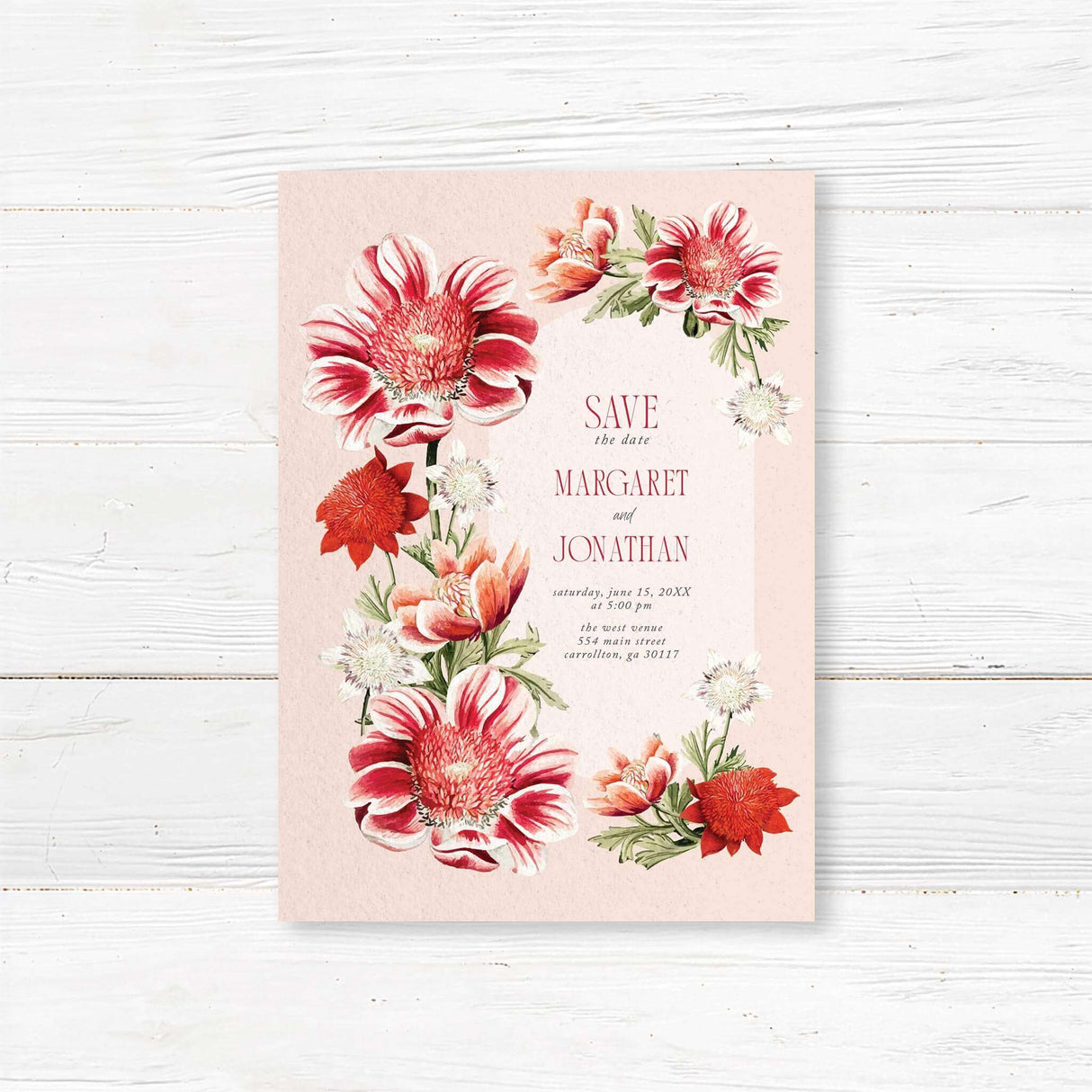 Save the Date card with vibrant red and coral watercolor flowers and elegant fonts on white cardstock. A floral pre-invitation for summer weddings.