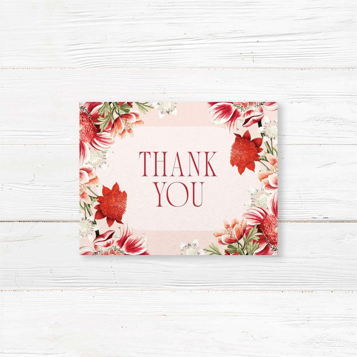 Wedding thank you card with matching red floral artwork and elegant typeface. Printed on matte cardstock to coordinate with Summer Warmth suite.
