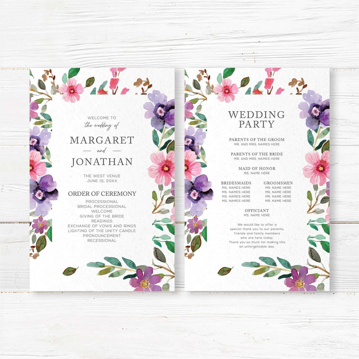 Elegant floral wedding program with watercolor flowers in pink and purple tones. Features ceremony details, bridal party names, and a personalized message. Printed on premium textured cardstock for a sophisticated wedding theme.
