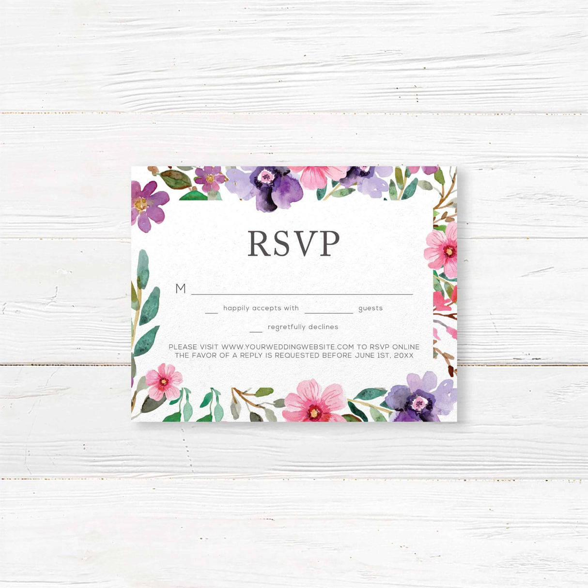 Romantic floral RSVP card featuring watercolor pink and purple flowers. Printed on luxury cardstock with customizable response wording and meal selection options for wedding guests.